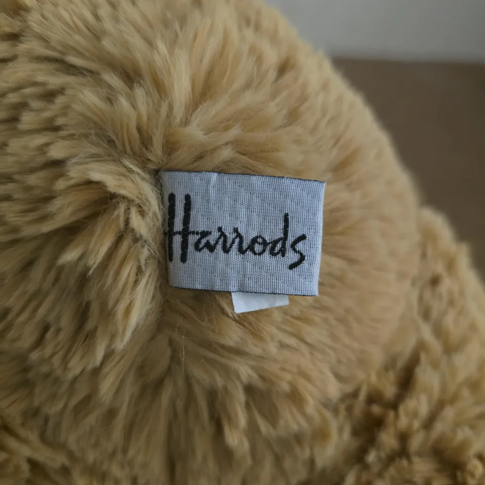 HARRODS TEDDY BEAR WITH WHITE KNIT HAT AND JUMPER
