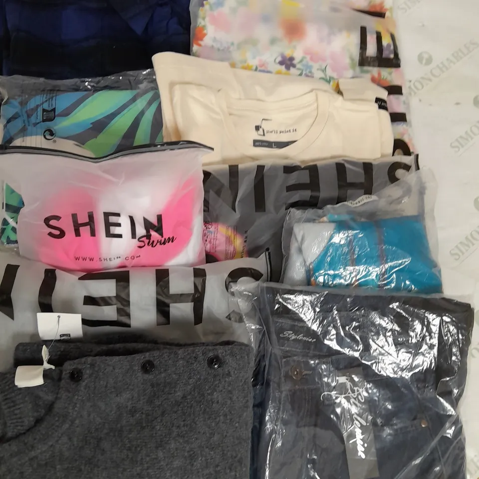 LARGE BOX OF ASSORTED CLOTHING ITEMS TO INCLUDE TROUSERS, SHIRTS AND SWIMWEAR