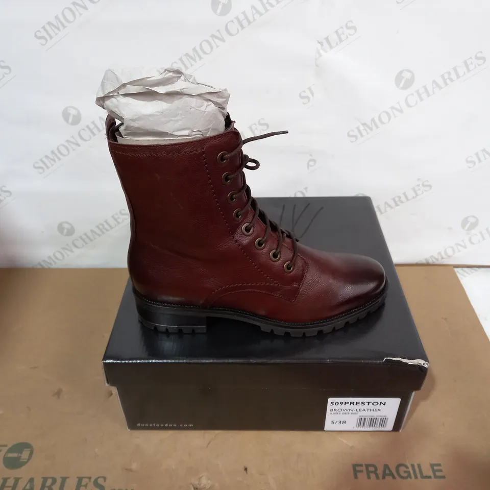 BOXED PAIR OF DUNE BROWN BOOTS - SIZE 38