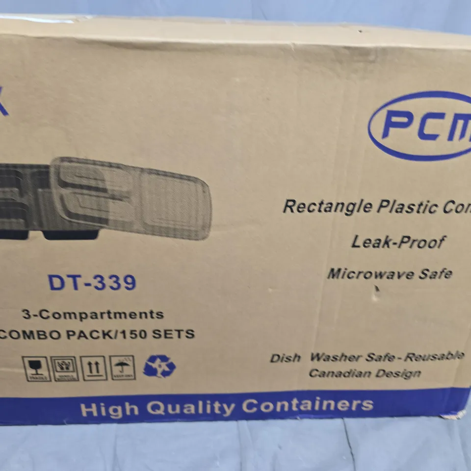 PCM DT-339 RECTANGLE PLASTIC CONTAINER – 3-COMPARTMENT, LEAK-PROOF, MICROWAVE SAFE, COMBO PACK (150 SETS)