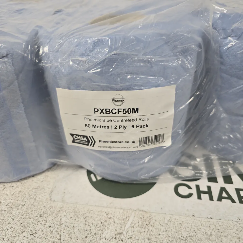 PHOENIX BLUE CENTRE-FED TOILET ROLLS – 50M, 2 PLY, 6 PACK (PXBCF50M)