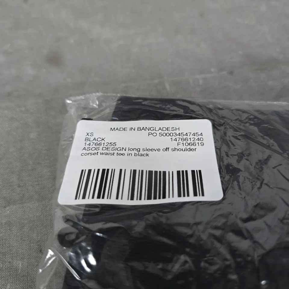 ASOS DESIGN LONG SLEEVE OFF-SHOULDER CORSET WAIST TEE, BLACK, XS