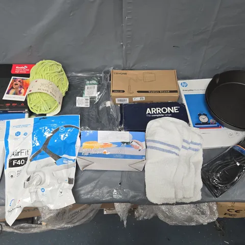 BOX OF APPROXIMATELY 15 ASSORTED HOUSEHOLD ITEMS TO INCLUDE - PHOTO PAPER, TABLET STAND, AND POWER CORD ETC. 