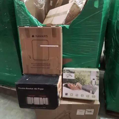 PALLET CONTAINING VARIOUS BOXED HOUSEHOLD ITEMS TO INCLUDE: HEATED BLANKETS,  BASKET AIR FRYER, RECTANGULAR MIRROR,  KIDS SLIDE AND LOTS MORE UNMARKED BOXED ITEMS.