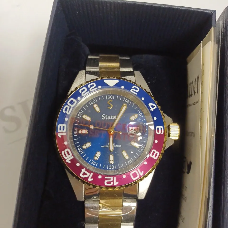 BOXED STAUER GENTS TIGER SHARK DIVE WATCH STAINLESS STEEL - RED & BLUE