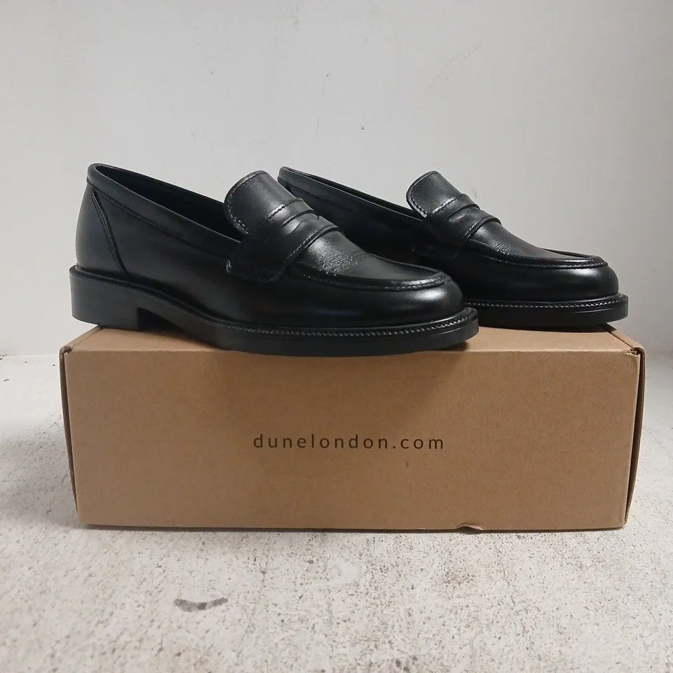 BOXED PAIR OF DUNE LONDON PENNY LOAFERS IN BLACK SIZE 5