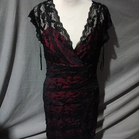MARINA LACE DRESS IN BLACK/RED SIZE UK 14