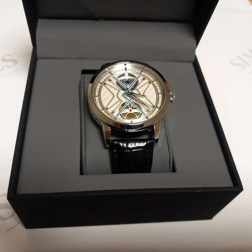 MENS VONLANTHEN AUTOMATIC WATCH – SILVER AND BLUE TEXTURED DIAL - GLASS EXHIBITION BACKCASE – BLACK LEATHER STRAP