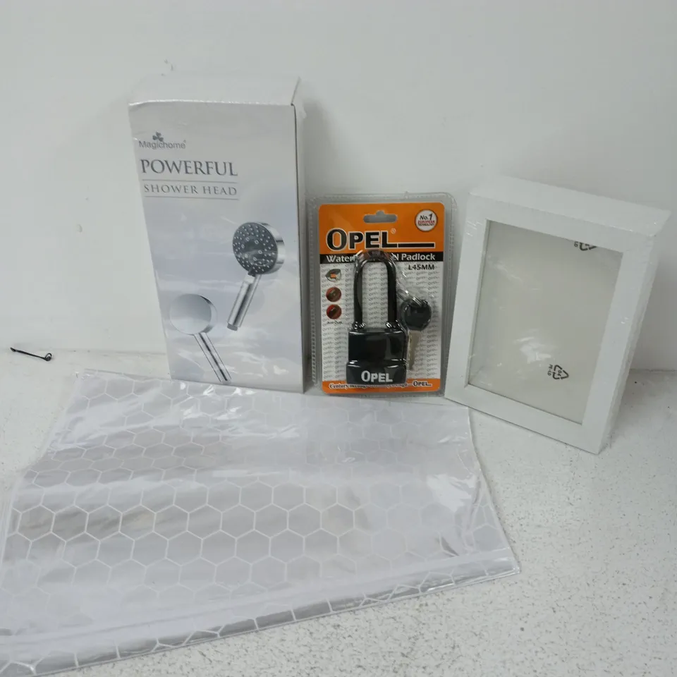 APPROXIMATELY 12 ASSORTED HOUSEHOLD ITEMS TO INCLUDE OPEL PADLOCK, POWERFUL SHOWERHEAD, FRAMES, ETC