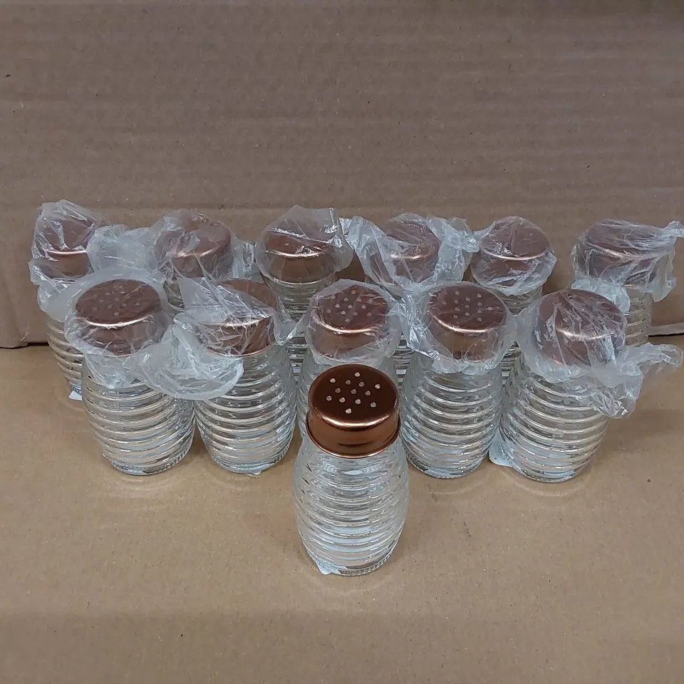 BOXED 12X RIBBED GLASS SALT & PEPPER SHAKER WITH COPPER FINISH LIDS (2 BOXES)