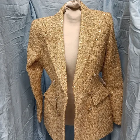 NADINE MERABI GOLD BOUCLÉ BLAZER – WOMEN'S DOUBLE‑BREASTED TWEED JACKET