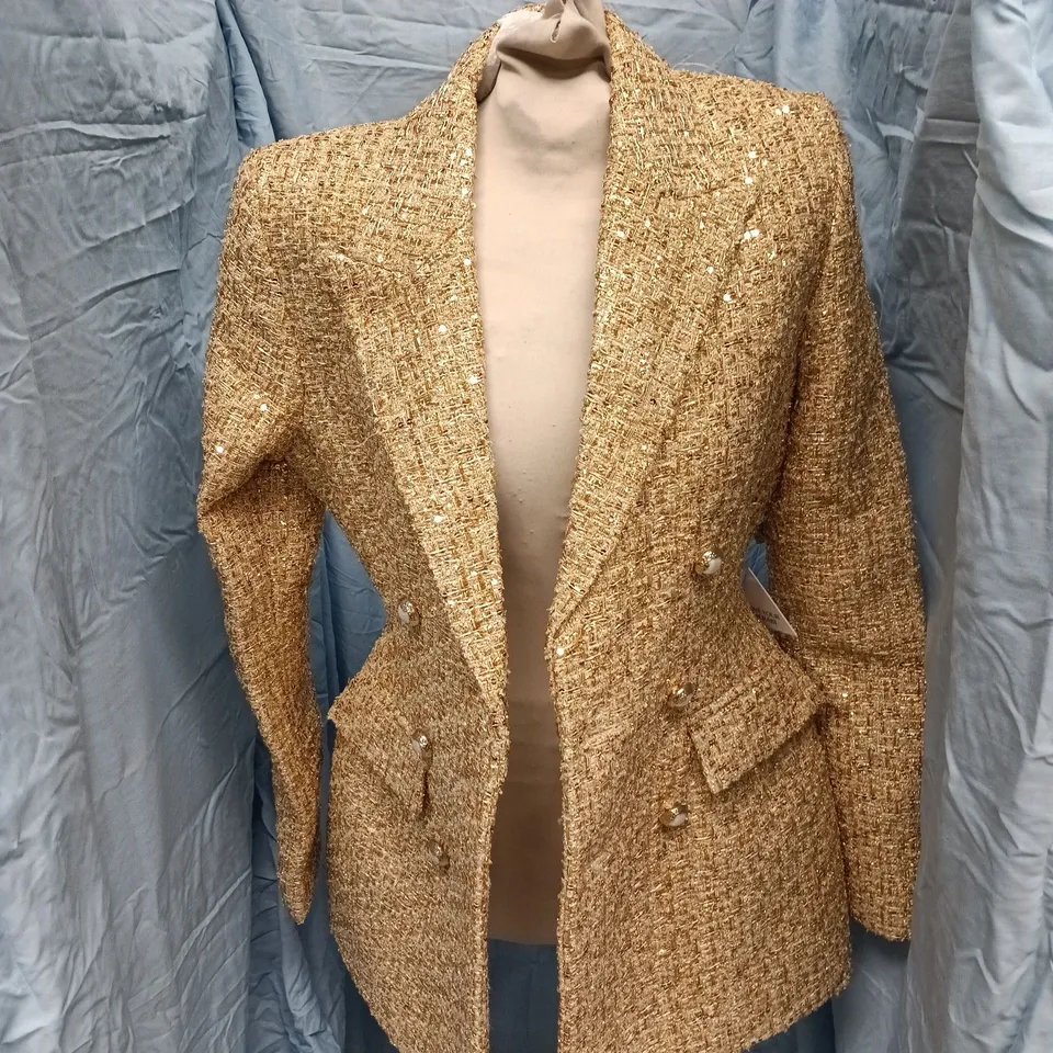 NADINE MERABI GOLD BOUCLÉ BLAZER – WOMEN'S DOUBLE‑BREASTED TWEED JACKET