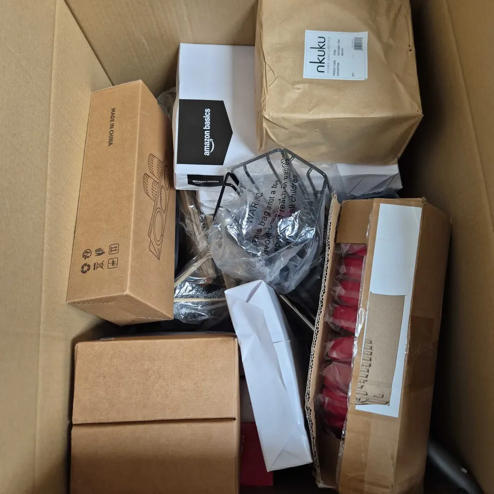 BOX OF APPROXIMATELY 15ASSORTED ITEMS INCLUDING ELEVATE METAL TIN, AMAZON BASICS WHITE PAPER AND A STORAGE HOLDER