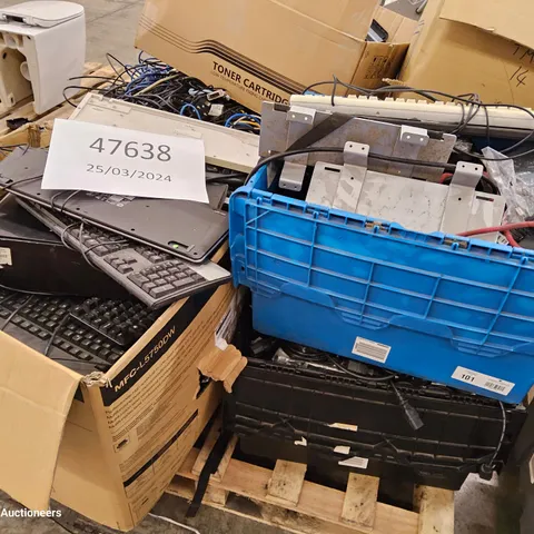 PALLET OF ASSORTED IT EQUIPMENT, INCLUDING CABLES, POWER CABLES, PRINTER CARTRIDGES, KEYBOARDS.