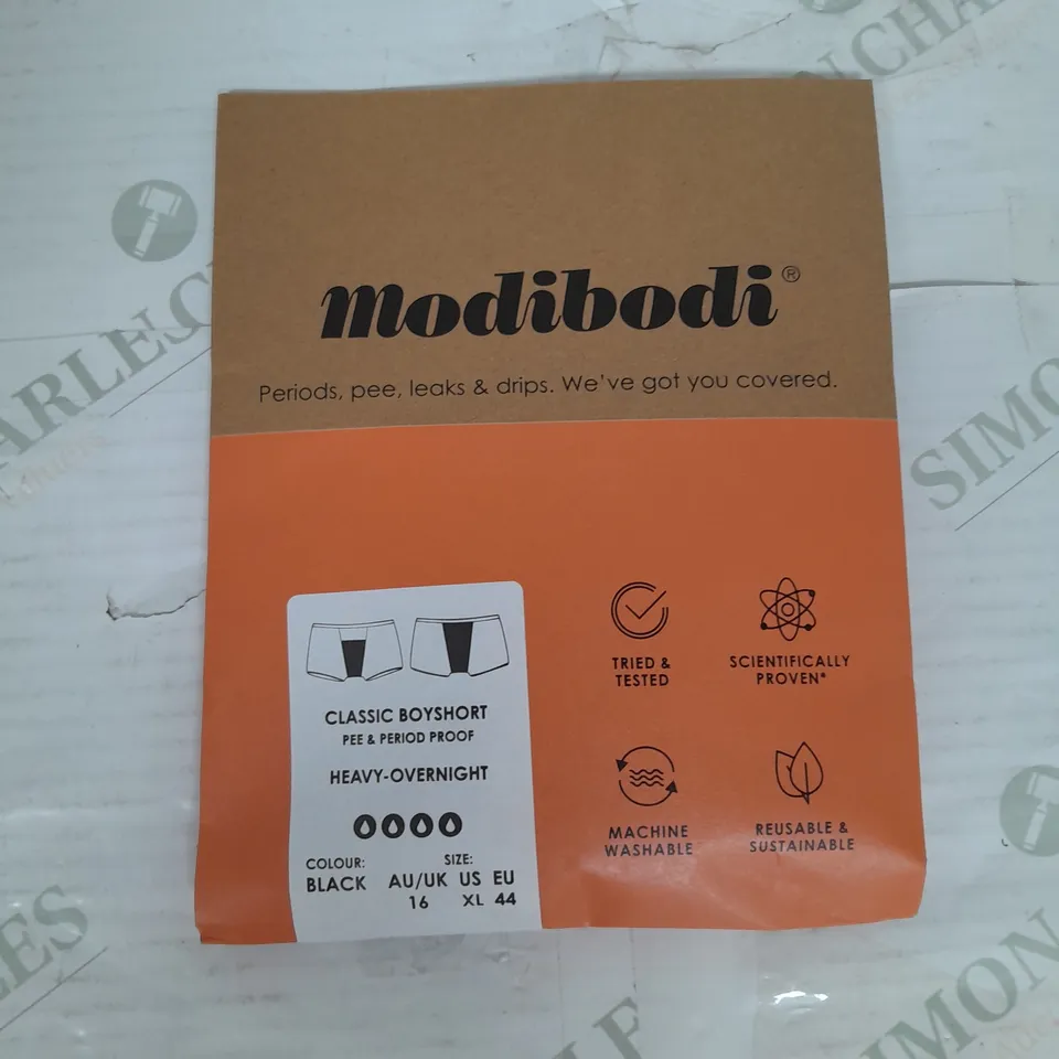 MODIBODI PERIOD UNDERWEAR CLASSIC BOYSHORT HEAVY-OVERNIGHT IN BLACK SIZE 16/XL RRP £125