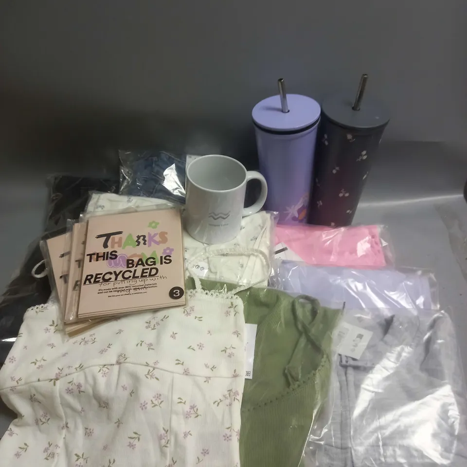 BOX OF APPROXIMATELY 15 ASSORTED HOUSEHOLD/CLOTHING ITEMS TO INCLUDE METAL CUPS, TANK TOPS, SHORTS ETC