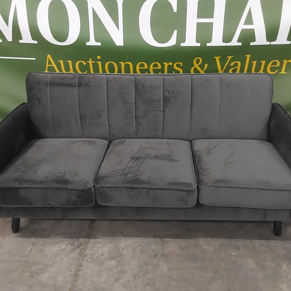 DESIGNER 3 SEATER VELVET UPHOLSTERED SOFA - SLATE GREY