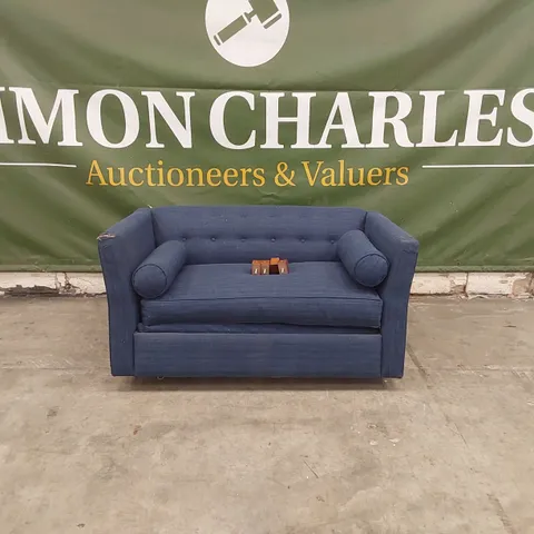 QUALITY DESIGNER 2 SEATER FABRIC UPHOLSTERED BLUE SOFA BED