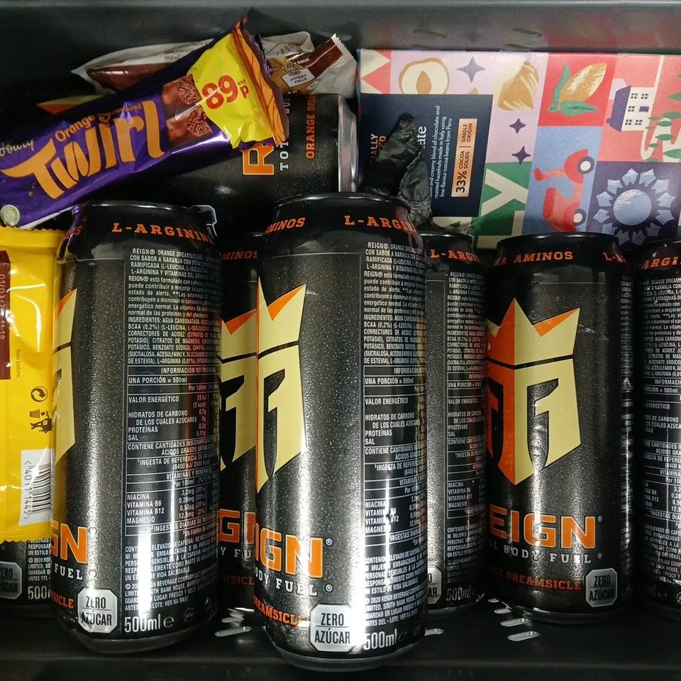 APPROXIMATELY 10 ASSORTED FOOD AND DRINK ITEMS TO INCLUDE REIGN ENERGY DRINK, SPAGHETTI, LIME JUICE