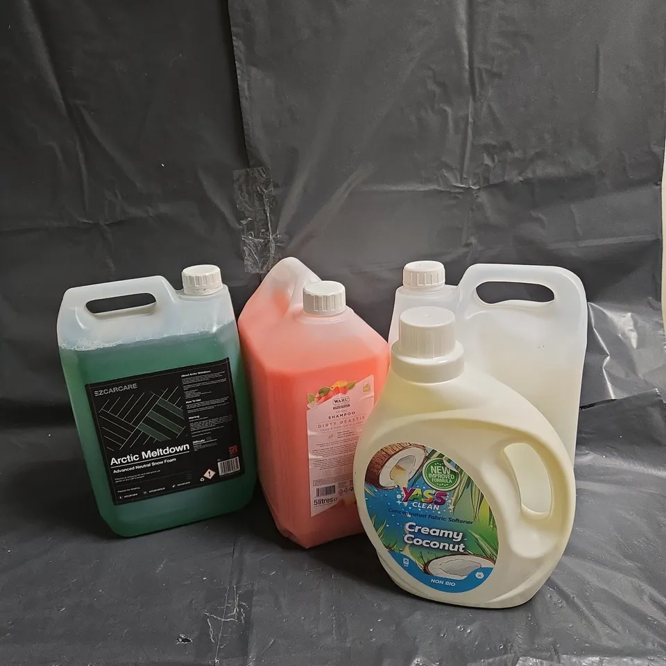 4 ASSORTED LARGE LIQUIDS TO INCLUDE YASS CLEAN CREAMY COCONUT, WAHL ANIMAL SHAMPOO, EZCARCARE ARCTIC MELTDOWN SNOW FOAM, ETC - COLLECTION ONLY