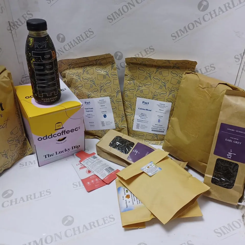 LOT OF APPROXMATELY 12 ITEMS TO INCLUDE PRIME HYDRATION DRINK (500ml, KSI), PACT COFFEE TUTTI FRUITTI ESPRESSO (250g), ODDCOFFEE THE LUCKY DIP (100 PODS), ETC