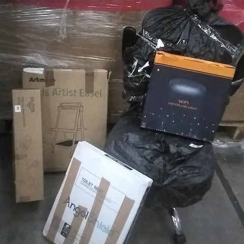 PALLET OF ASSORTED ITEMS INCLUDING KIDS ARTIST EASEL, BEGINNER METAL DETECTOR, OFFICE CHAIR BLACK, WIFI LED CEILING LIGHT, TOILET SEAT