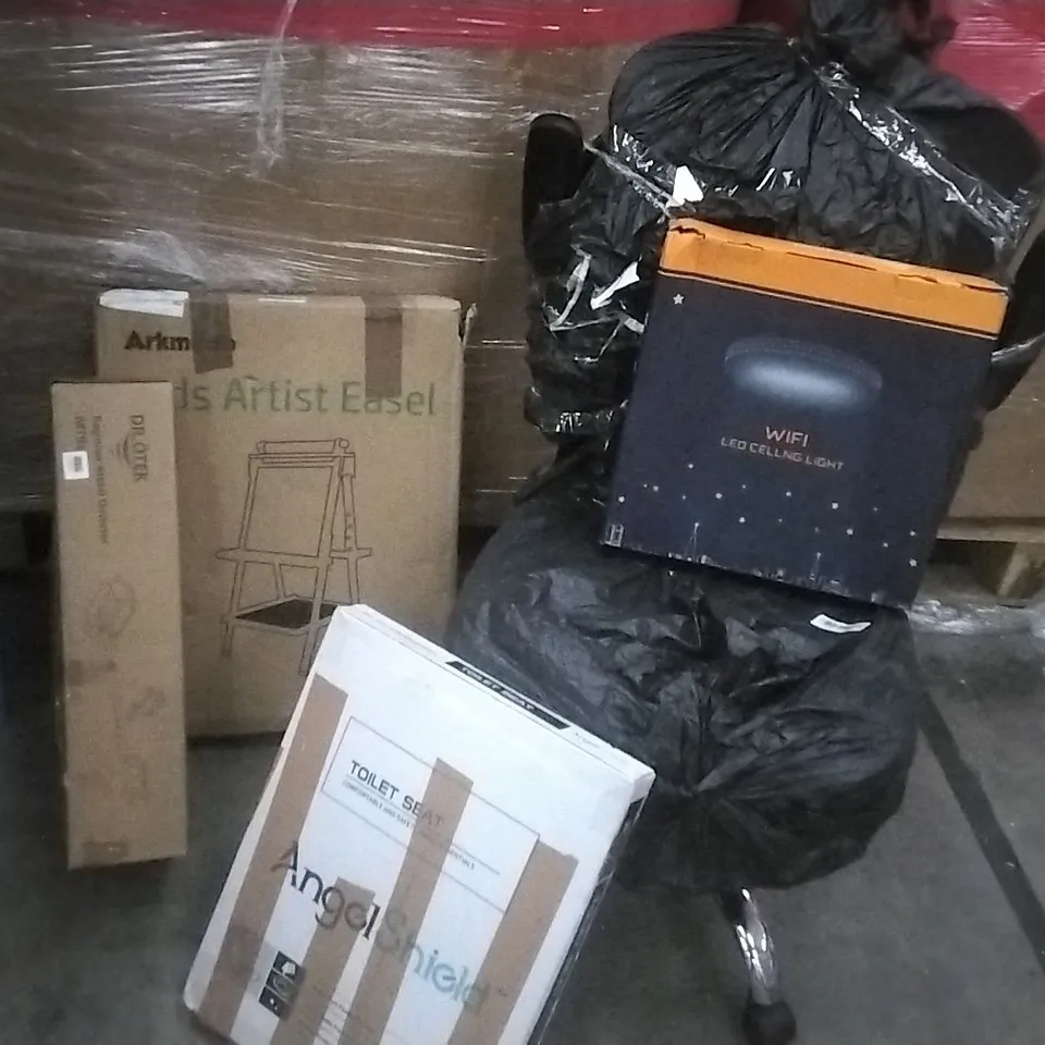 PALLET OF ASSORTED ITEMS INCLUDING KIDS ARTIST EASEL, BEGINNER METAL DETECTOR, OFFICE CHAIR BLACK, WIFI LED CEILING LIGHT, TOILET SEAT