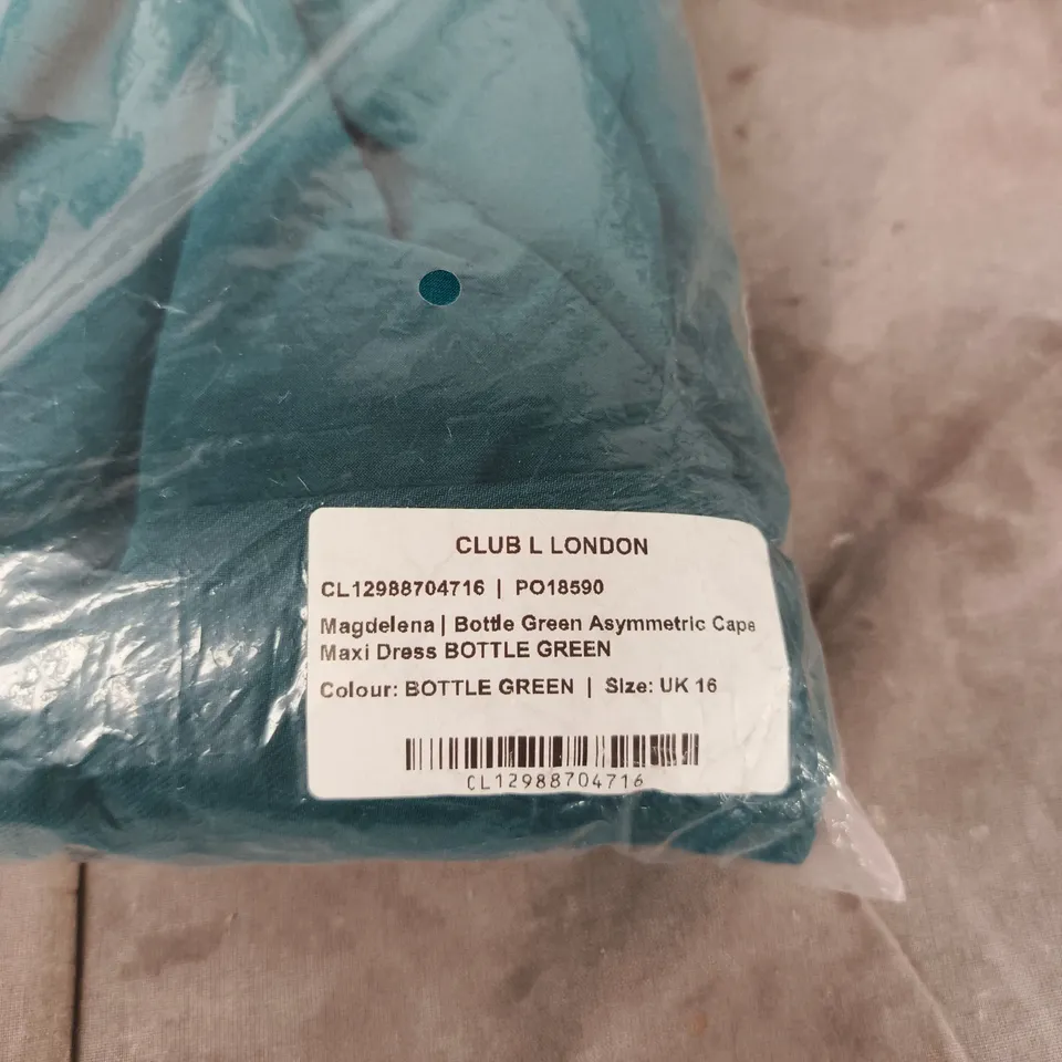 CLUB L LONDON BOTTLE GREEN ASYMMETRIC CAPE MAXI DRESS – UK 16