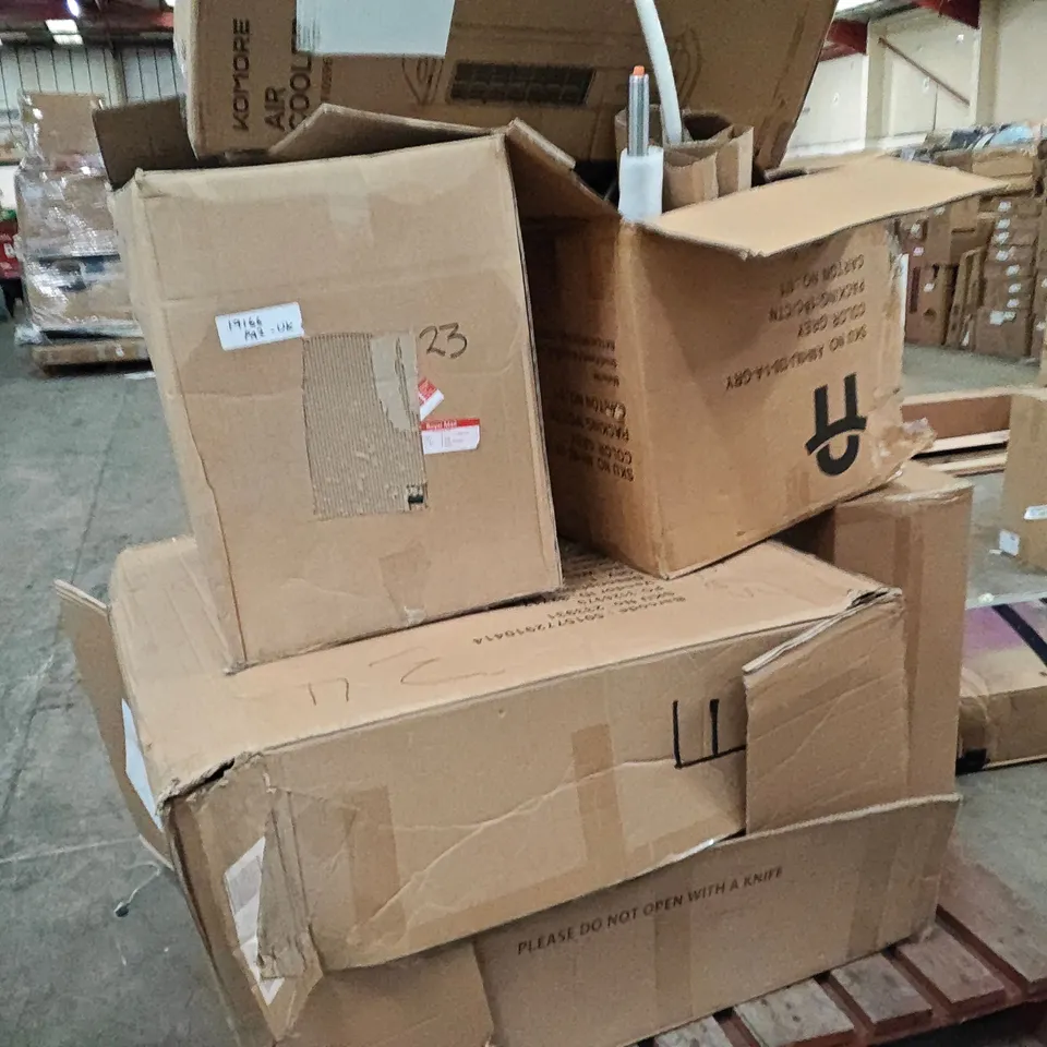 PALLET OF ASSORTED HOUSEHOLD GOODS AND PRODUCTS TO INCLUDE;AIR COOLER,STOOL,FIRE PIT,EGG TIMER