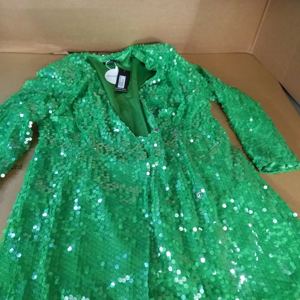 BOOHOO SEQUIN SHOULDER PAD BLAZER DRESS IN BRIGHT GREEN - 18