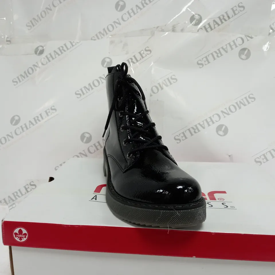 BOXED PAIR OF RIEKER LACE UP BOOTS IN BLACK UK SIZE 6.5