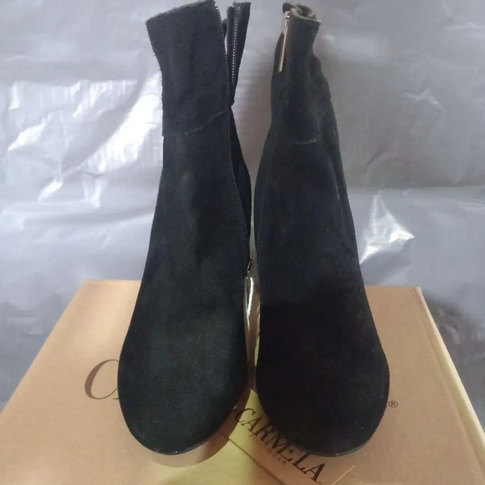 BOXED CARMELA GRACE BLACK SUEDE ANKLE BOOTS SIZE 36