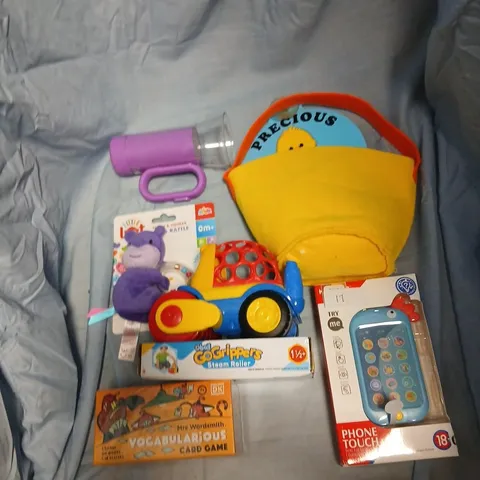 LARGE QUANTITY OF ASSORTED TOYS AND ACCESSORIES TO INCLUDE; VOCABULARIOUS CARD GAME, PHONE TOUCH, BALL GO GRIPPERS, LITTLE LOT SHAKE AND SQUEAK RING RATTLE