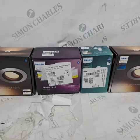 LARGE BOX OF ASSORTED LIGHTING TOO INCLUDE LIGHT SHADES , SMART LIGHTING AND SINGLE SPOTLIGHTS 