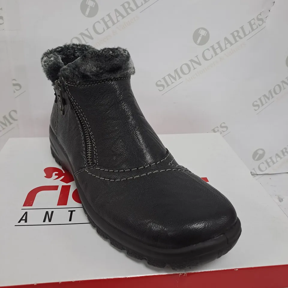 BOXED RIEKER ANKLE BOOTS WITH FUR CUFF, BLACK - SIZE 7.5