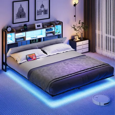 BOXED BED FRAME, LED WITH HEADBOARD, METAL PLATFORM BED FRAME WITH 2 TIERS STORAGE SHELVES, NO BOX SPRING NEEDED