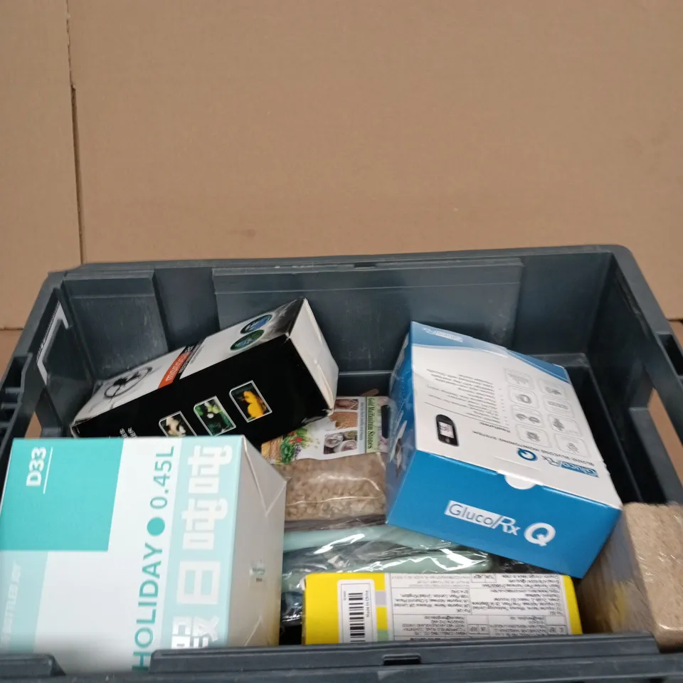 TOTE OF APPROXIMATELY 7 ASSORTED ITEMS INCLUDING GLUCO RX Q BLOOD GLUCOSE MONITORING SYSTEM, BOTTLED JOY D33 HOLIDAY DUNDUN AND TURBINE HAND-HELD MINI FAN