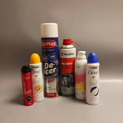 APPROXIMATELY 15 ASSORTED AEROSOLS TO INCLUDE DOVE ORIGINAL DEODERANT, CARPLAN DE-ICER, HS 2000 LUBRICATING OIL ETC COLLECTION ONLY