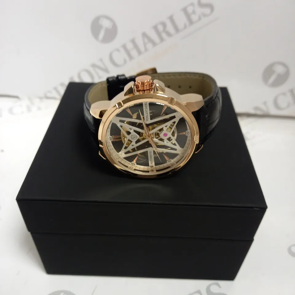 MENS VONLANTHEN AUTOMATIC SKELETON WATCH – V110 - GLASS EXHIBITION BACKCASE – BLACK LEATHER STRAP.