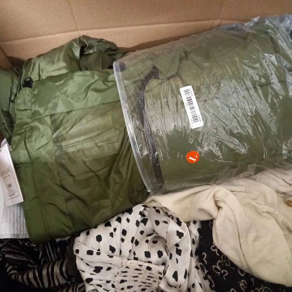 BOX OF ASSORTED CLOTHING ITEMS TOO INCLUDE JUMPERS, SHIRTS AND TROUSERS IN VARIOUS SIZES AND COLOURS   