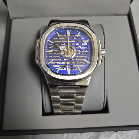 VONLANTHEN STAINLESS STEEL WRISTWATCH WITH BLUE SKELETON DIAL
