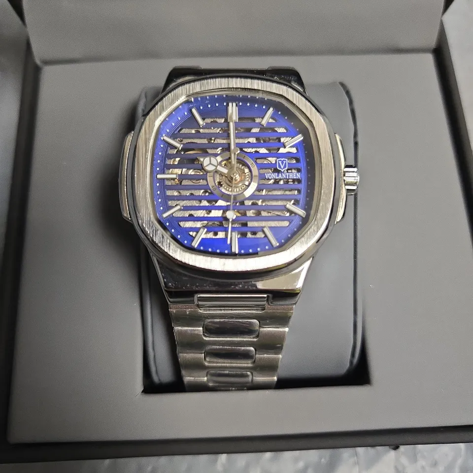 VONLANTHEN STAINLESS STEEL WRISTWATCH WITH BLUE SKELETON DIAL