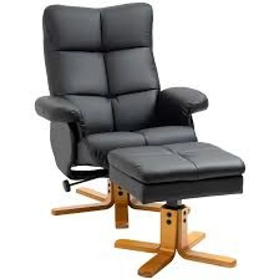 BOXED HOMCOM PU LEATHER SWIVEL RECLINER CHAIR WITH FOOTSTOOL, WOODEN BASE AND STORAGE FOR LIVING ROOM, BLACK (1 BOX)