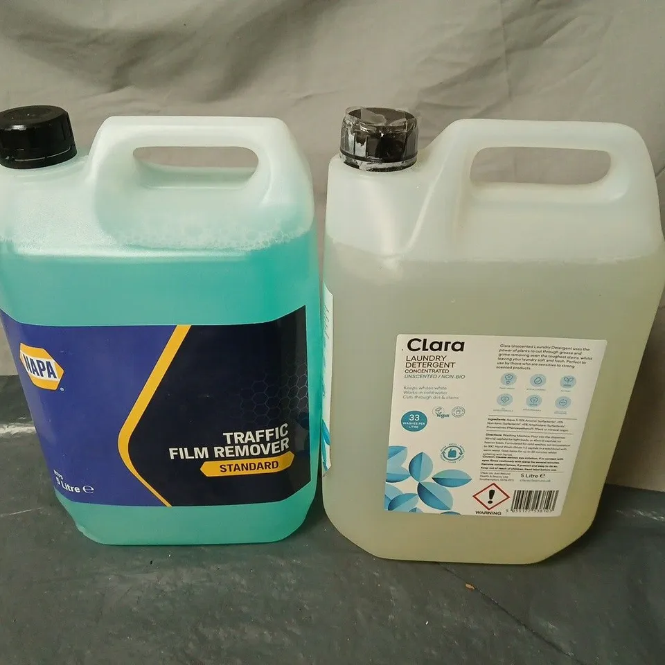 APPROXIMATELY 3 ASSORTED OVERSIZED LIQUIDS TO INCLUDE LAUNDRY DETERGENT AND TRAFFIC FILM REMOVER 