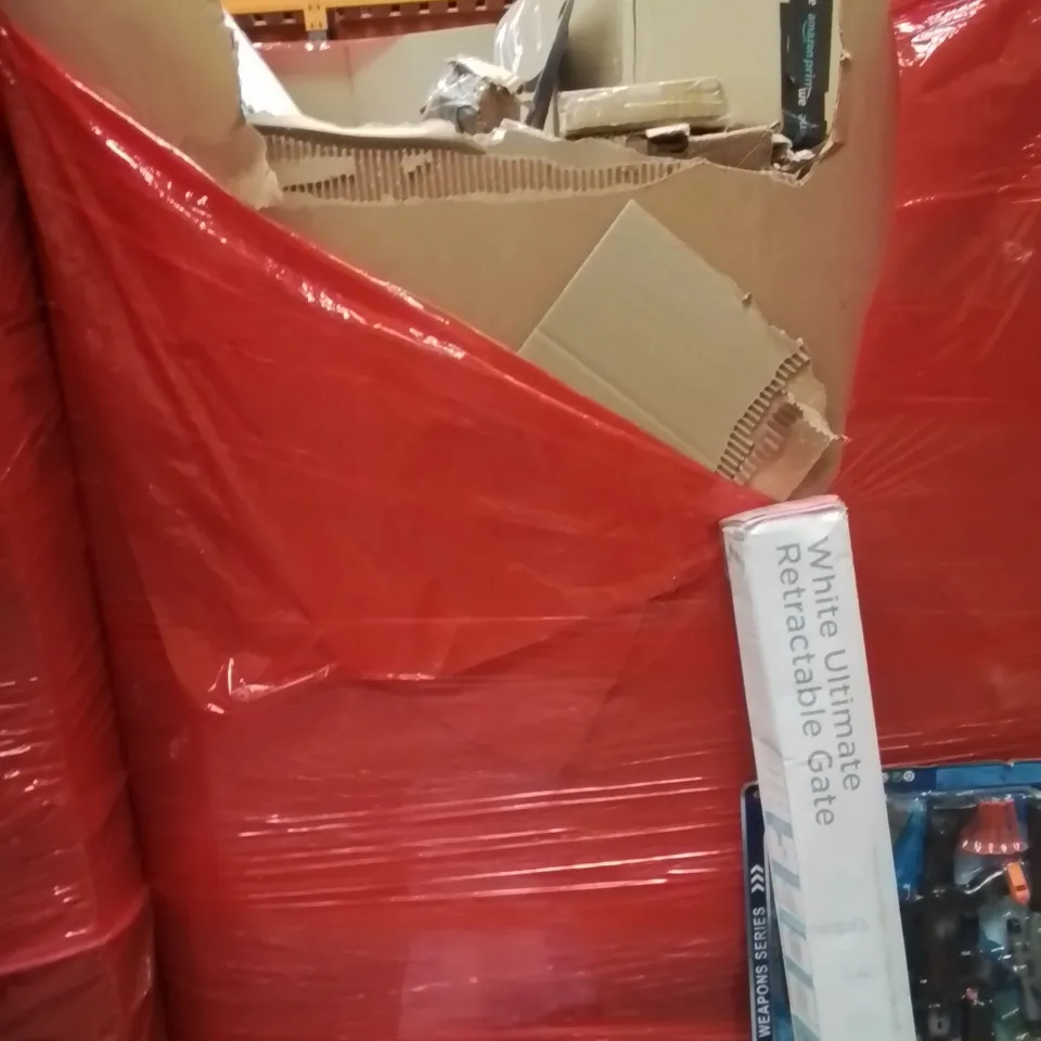 PALLET OF ASSORTED HOUSEHOLD GOODS AND PRODUCTS TO INCLUDE;WATER COUNTERTOP UNIT,RETRACTABLE SAFETY GATES,KIDS TOYS GUNS