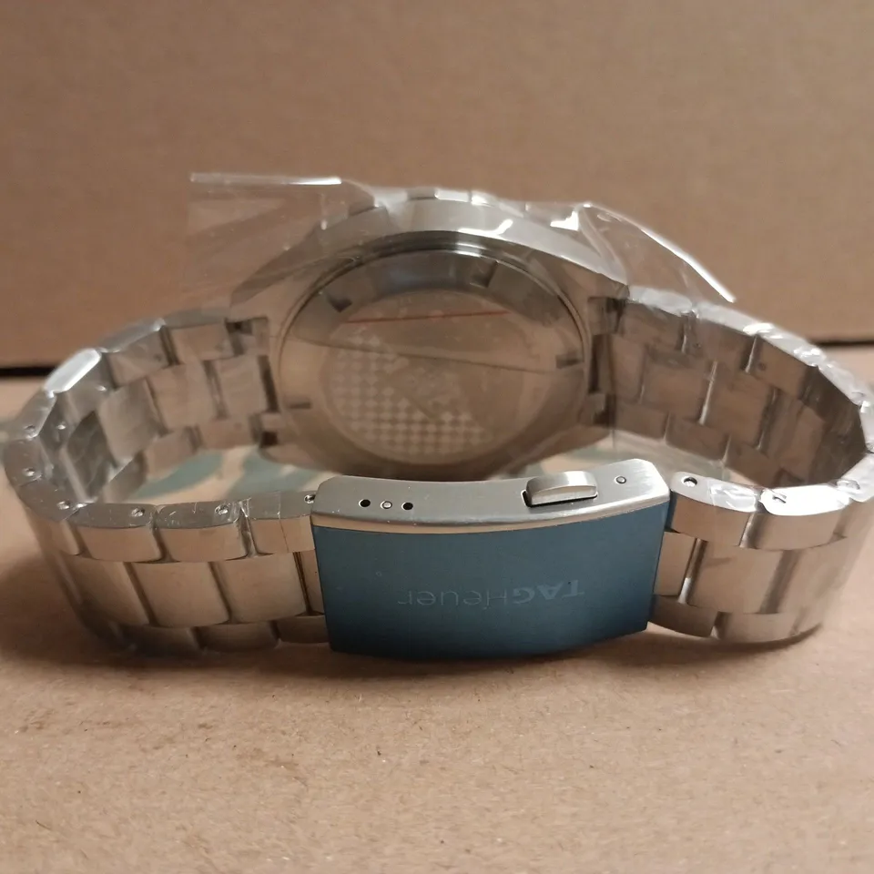 TAG HEUER STAINLESS STEEL CHRONOGRAPH WATCH – BLACK DIAL, RED TACHYMETER BEZEL