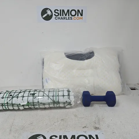 PALLET CONTAINING A LARGE AMOUNT OF ASSORTED ITEMS TO INCLUDE 5KG DUMBBELL, PILLOW, ARTIFICIAL FLOWER PETAL FENCE ETC