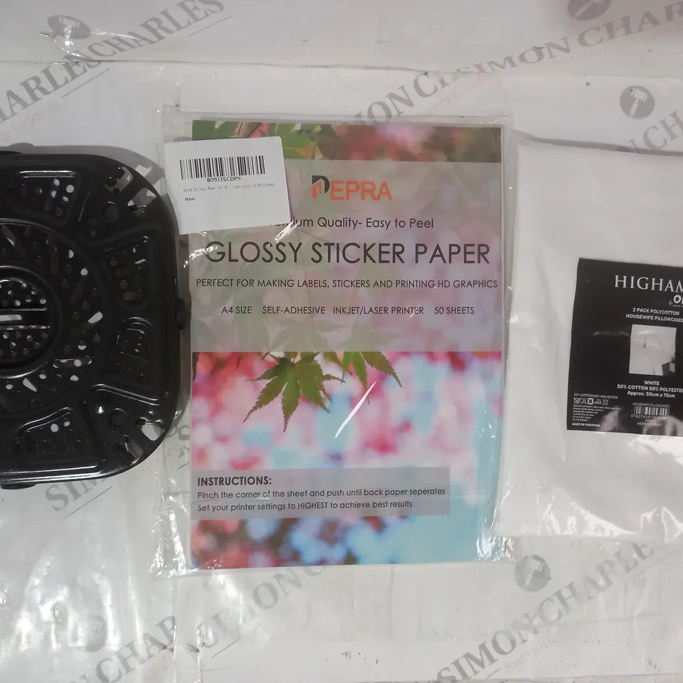 BOX OF APPROXIMATELY 15 ASSORTED HOUSEHOLD ITEMS TO INCLUDE HOUSEWIFE PILLOWCASES, GLOSSY STICKER PAPER, ETC