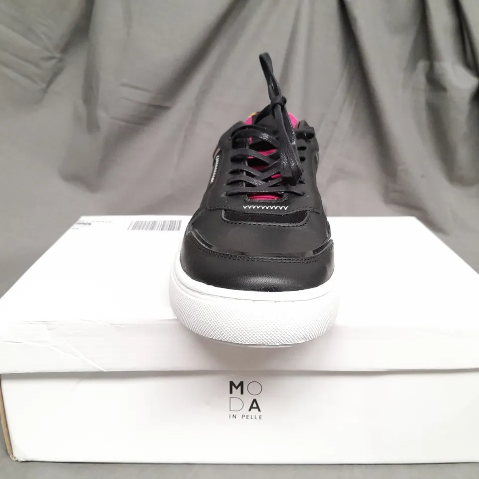 BOXED PAIR OF MODA IN PELLE BELGRAVE BLACK SEQUIN TRAINERS - SIZE 6