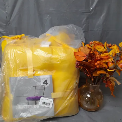 2 ASSORTED ITEMS TO INCLUDE FAUX PLANT IN VASE, SEAT CUSHIONS IN YELLOW